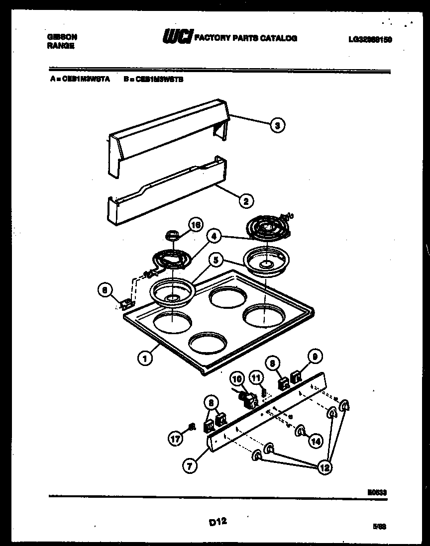 Gibson CEB1M3WSTA backguard and cooktop parts diagram