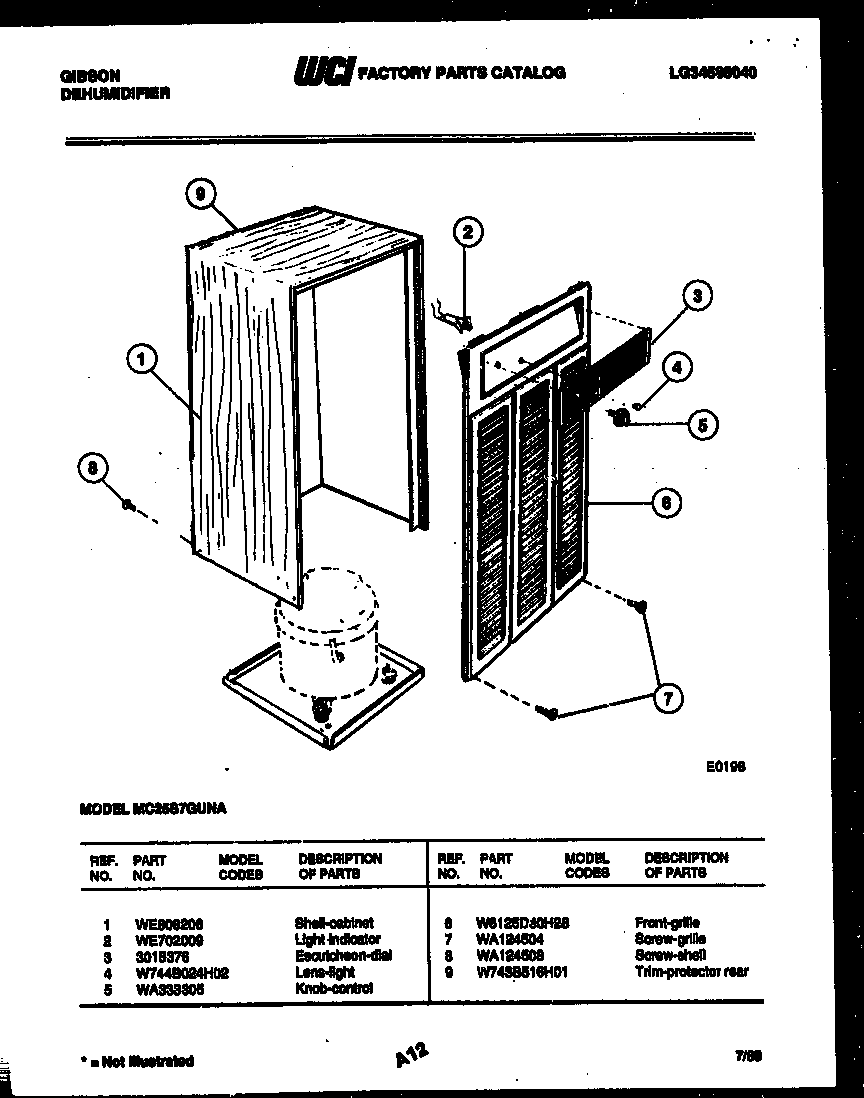 Gibson MC25S7GUNA cabinet and control parts diagram