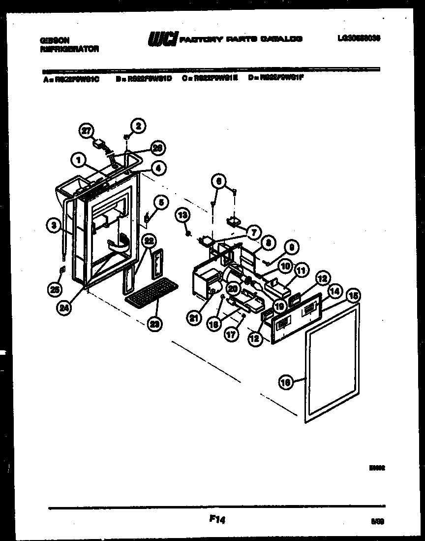 Gibson RS22F9WS1C ice door, dispenser and water tank diagram