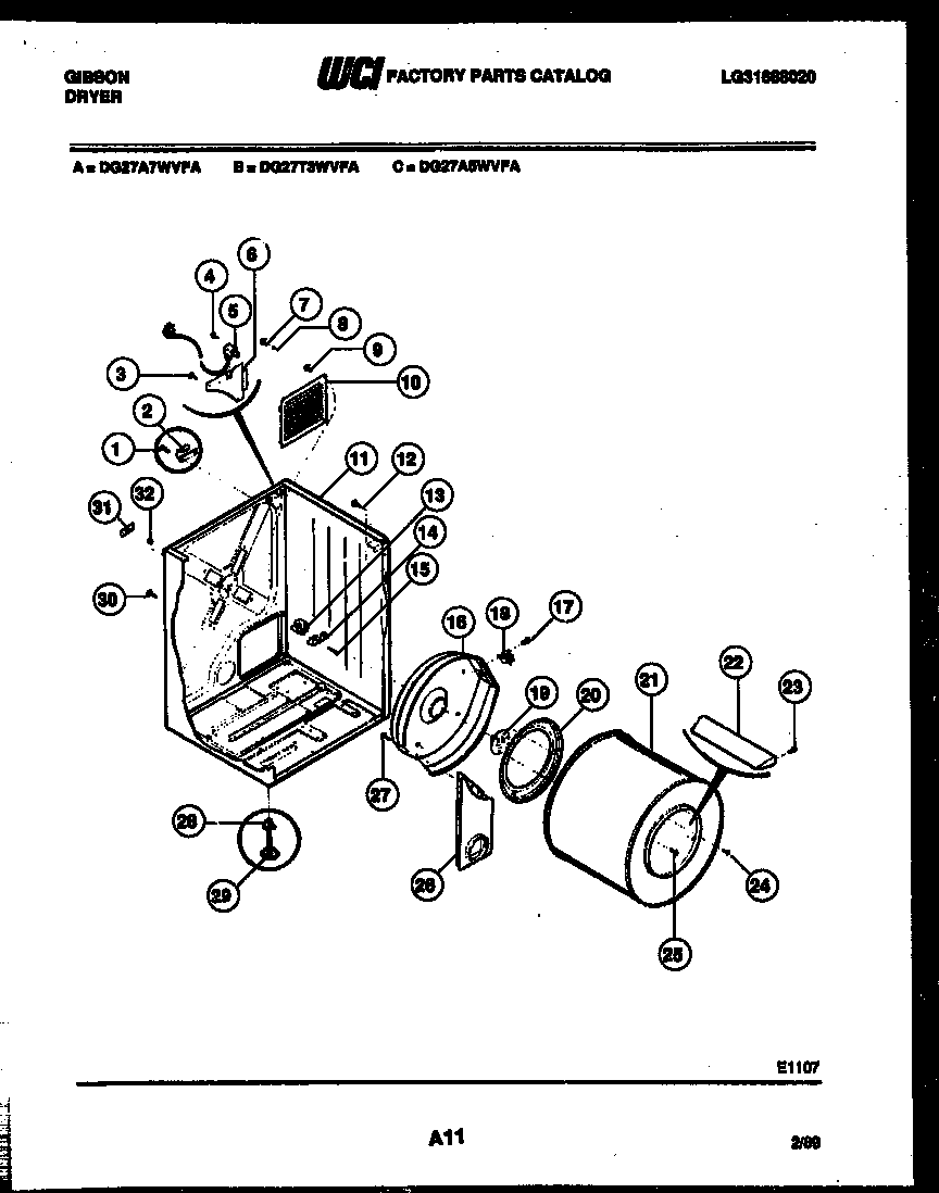 Gibson DG27T3WVFA cabinet and component parts diagram