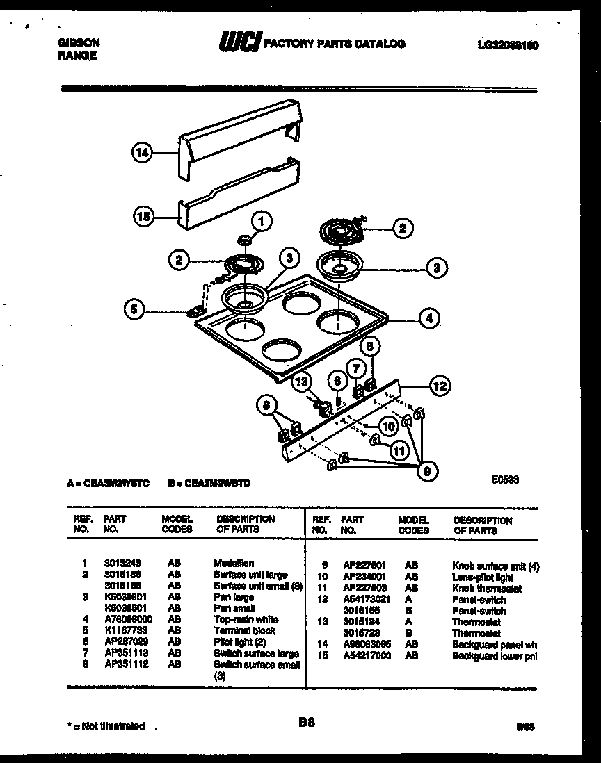 Gibson CEA3M2WSTC backguard and cooktop parts diagram