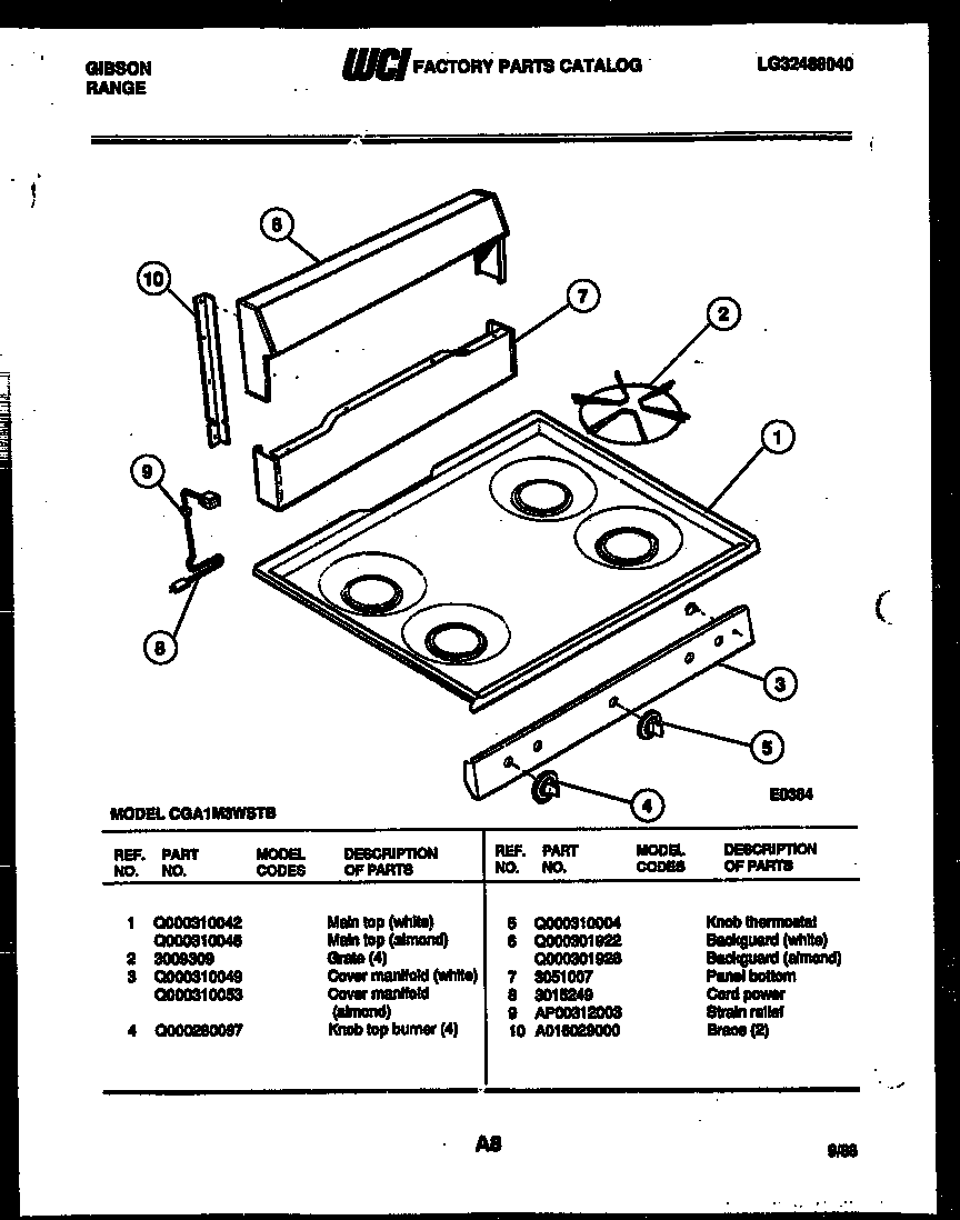 Gibson CGA1M3WSTB backguard and cooktop parts diagram