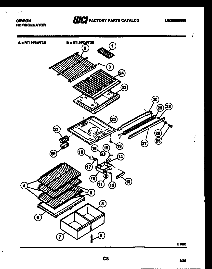 Gibson RT19F3WT3D shelves and supports diagram