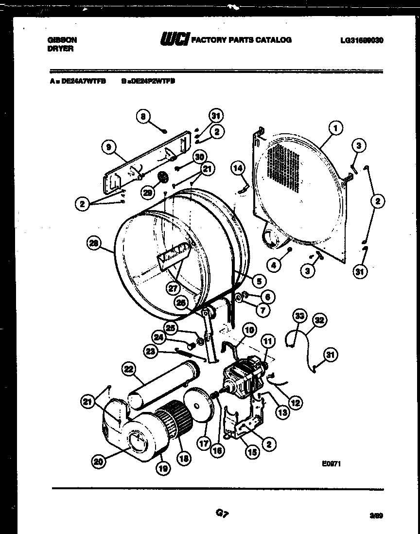 Gibson DE24A7WTFB drum and blower parts diagram