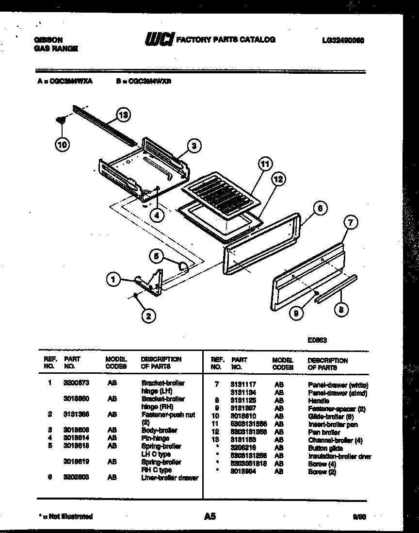 Gibson CGC3M4WXA broiler drawer parts diagram