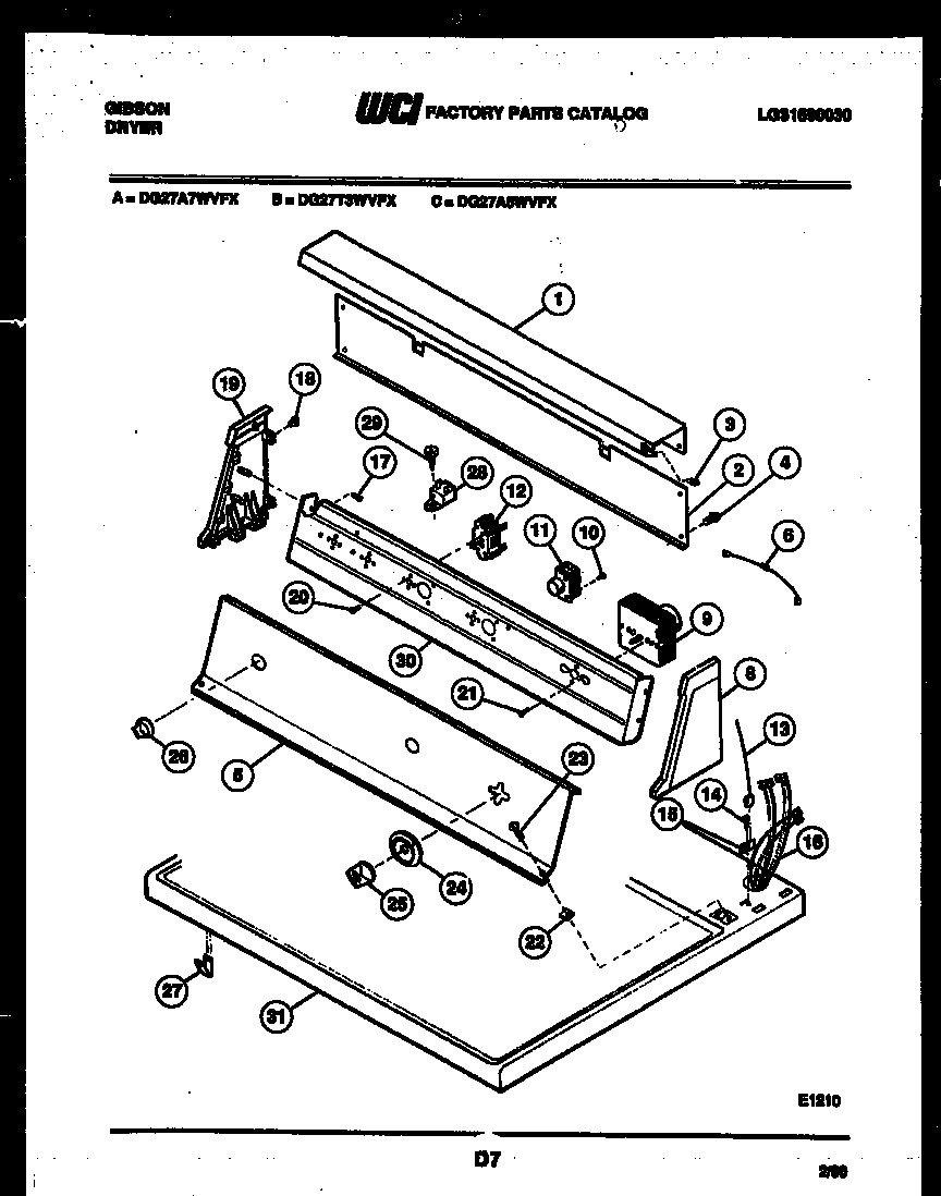 Gibson DG27A5WVFX console and control parts diagram