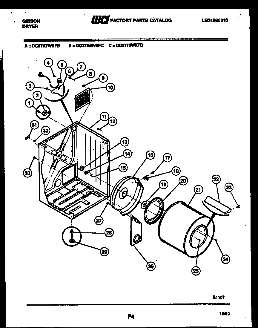 Gibson DG27T3WXFB cabinet and component parts diagram