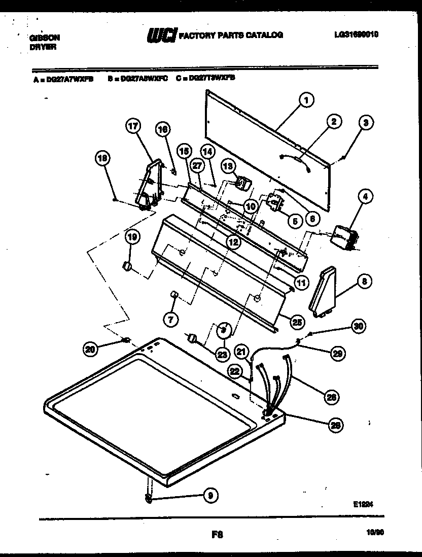 Gibson DG27T3WXFB console and control parts diagram