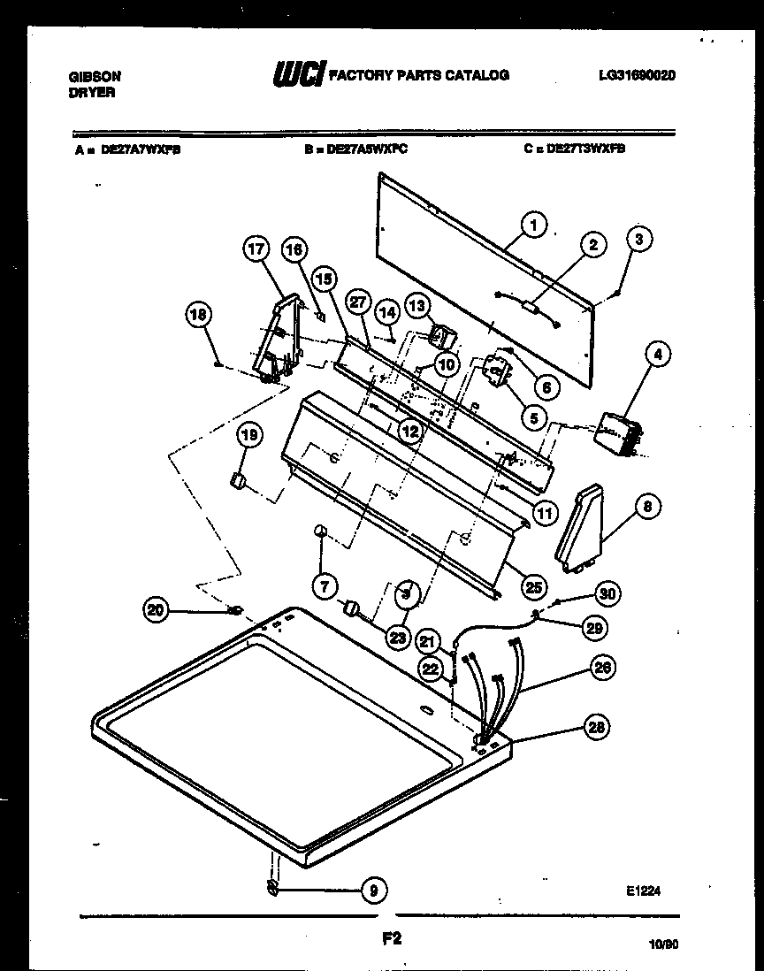 Gibson DE27A7WXFB console and control parts diagram