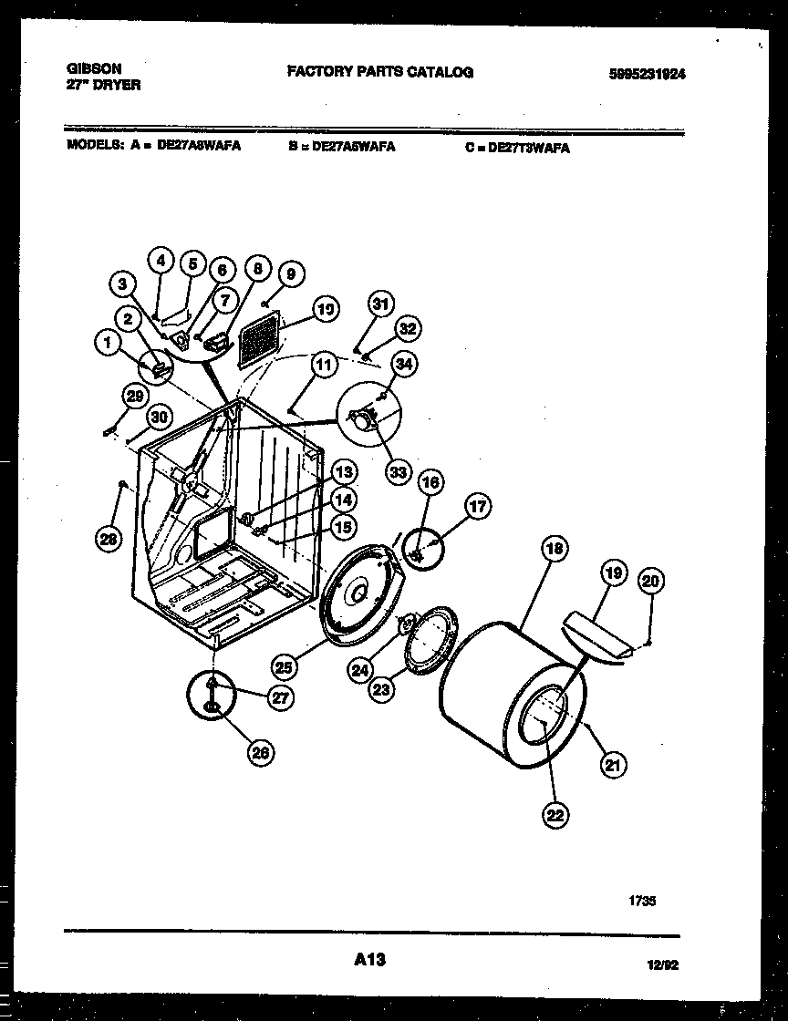 Gibson DE27A5WAFA cabinet and component parts diagram