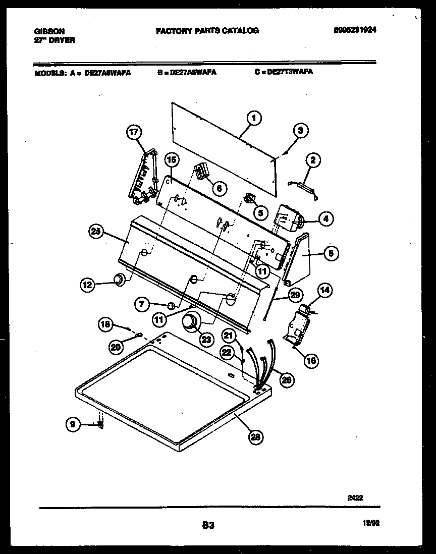 Gibson DE27A5WAFA console and control parts diagram