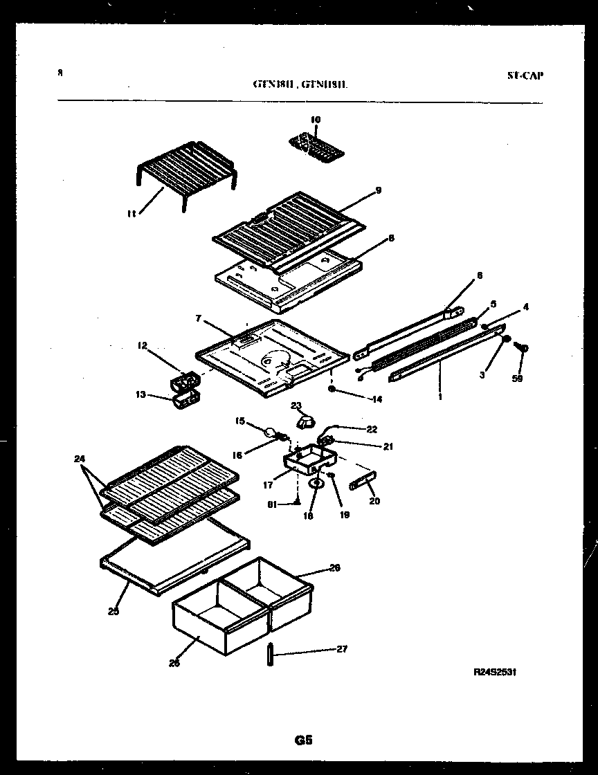 White-Westinghouse GTN181BL0 shelves and supports diagram