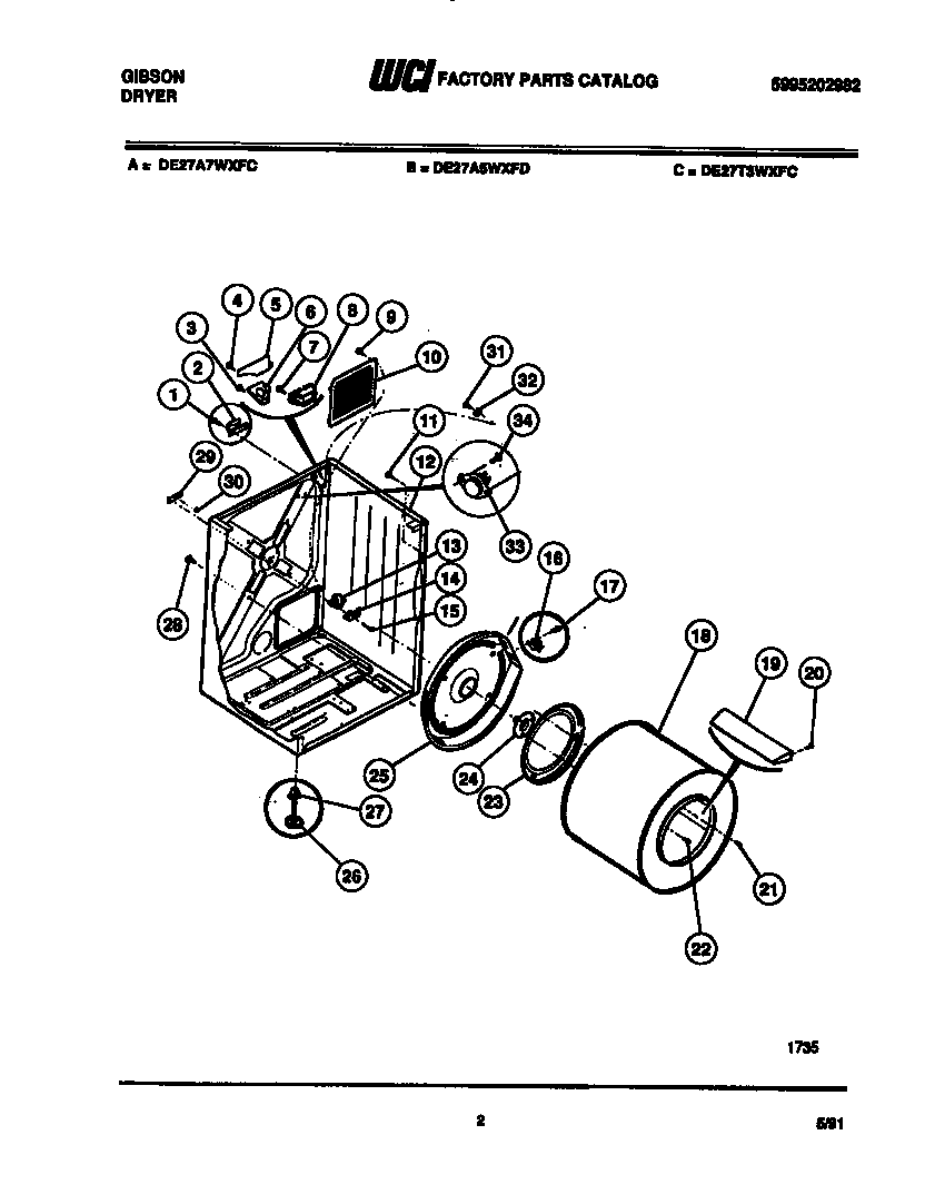 Gibson DE27A5WXFE cabinet and component parts diagram