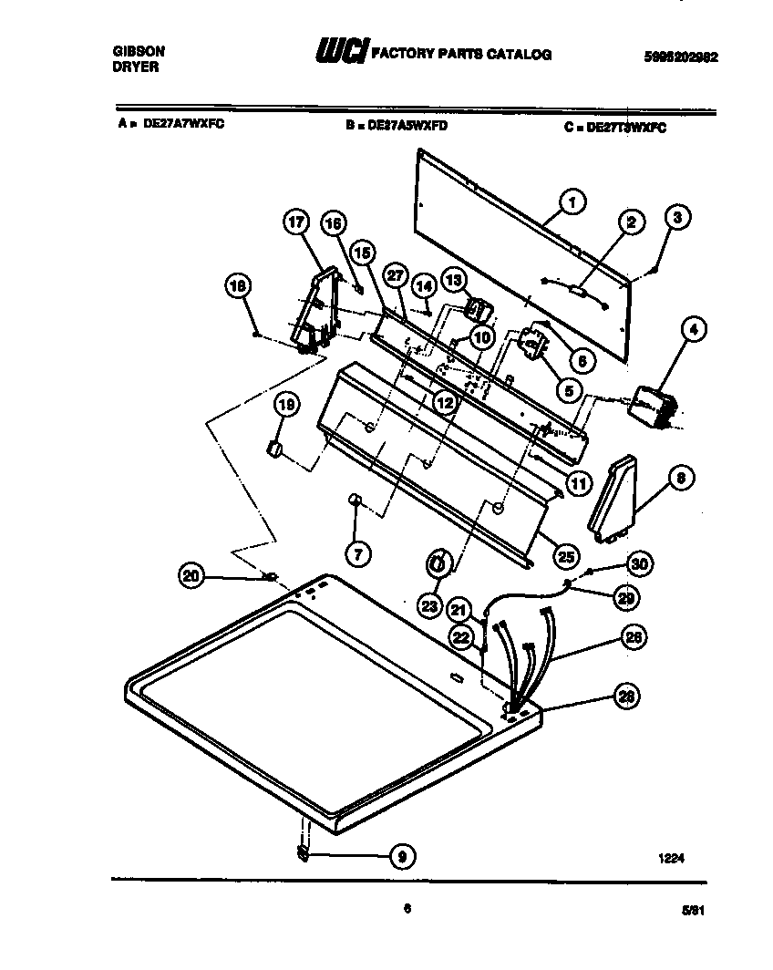 Gibson DE27A5WXFE console and control parts diagram