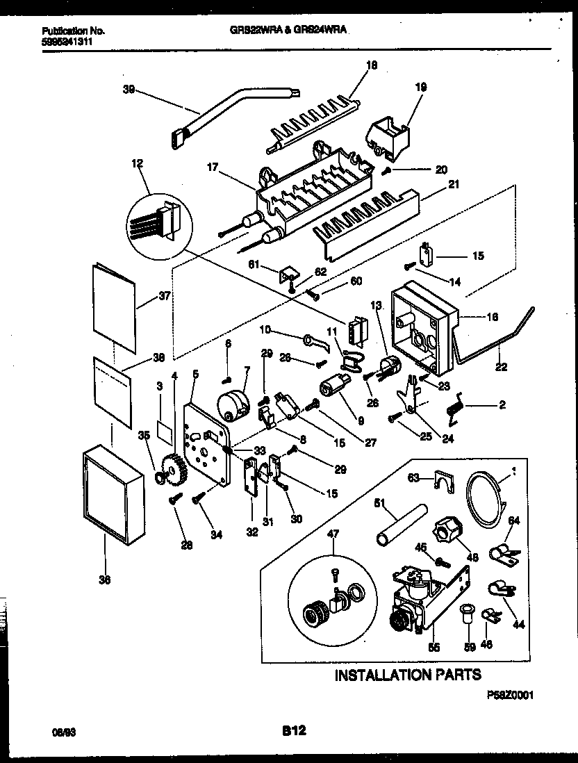 Gibson GRS24WRAD0 ice maker and installation parts diagram