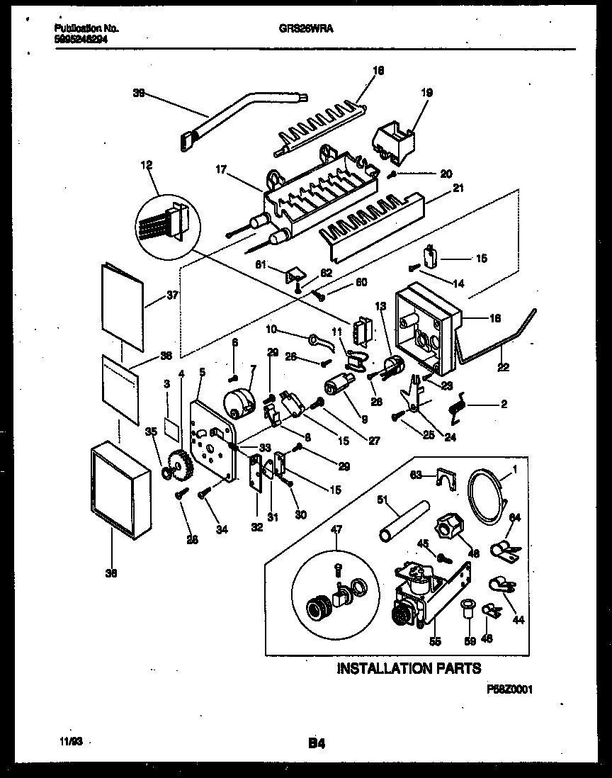 Gibson GRS26WRAW0 ice maker and installation parts diagram