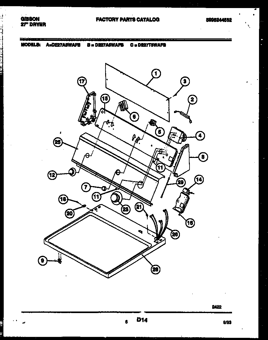 Gibson DE27A8WAFB console and control parts diagram