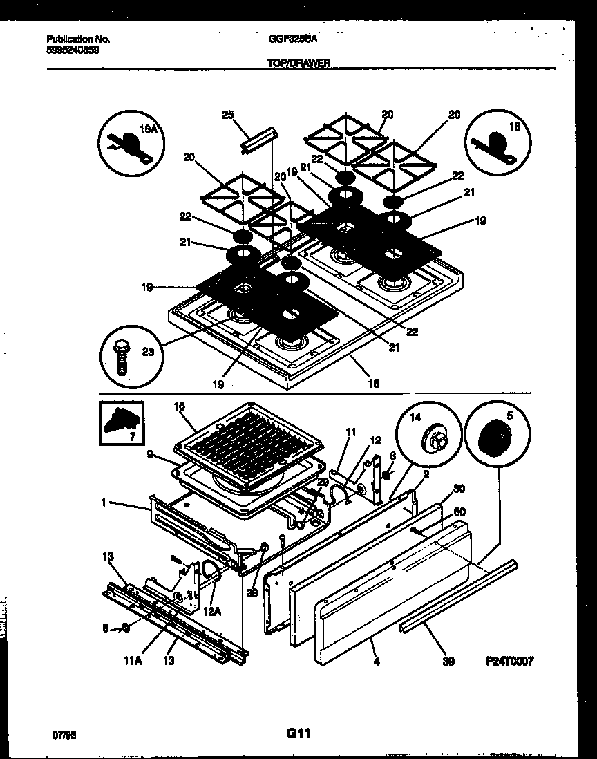Gibson GGF325BADA cooktop and broiler drawer parts diagram