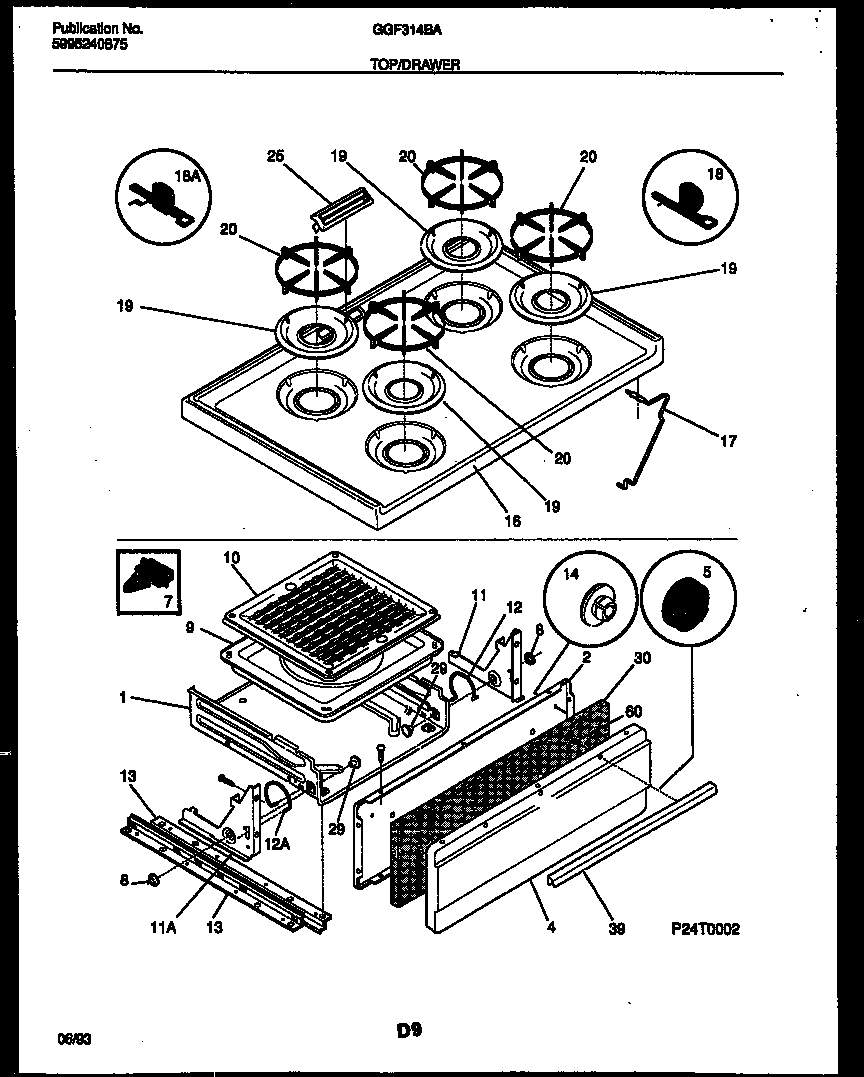 Gibson GGF314BADA cooktop and broiler drawer parts diagram