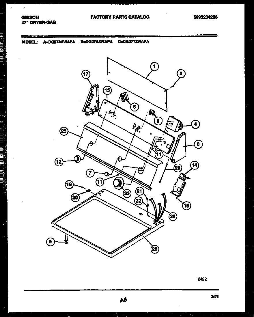Gibson DG27T3WAFA console and control parts diagram