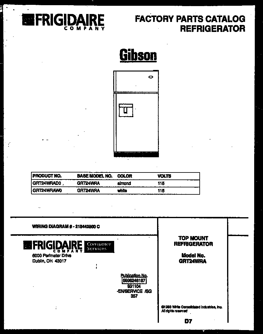 Gibson GRT24WRAW0 cover page diagram