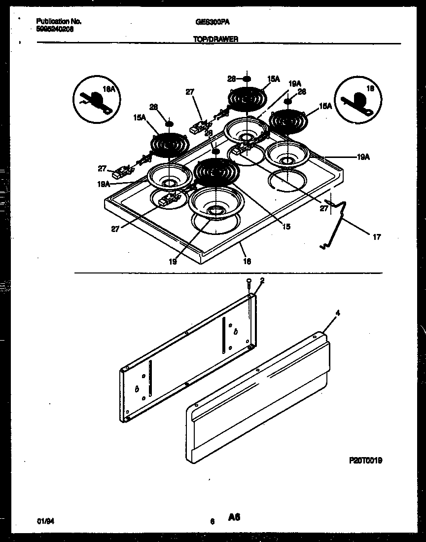 Gibson GES300PADA cooktop and drawer parts diagram