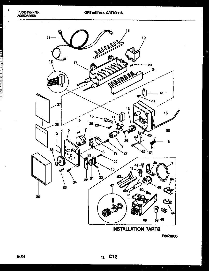 Gibson GRT19FRAW0 ice maker and installation parts diagram