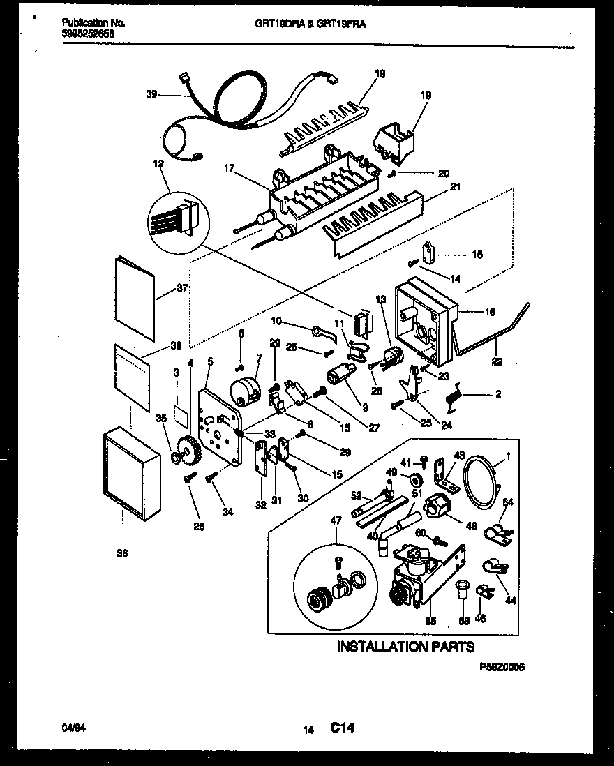 Gibson GRT19FRAW0 ice maker and installation parts diagram