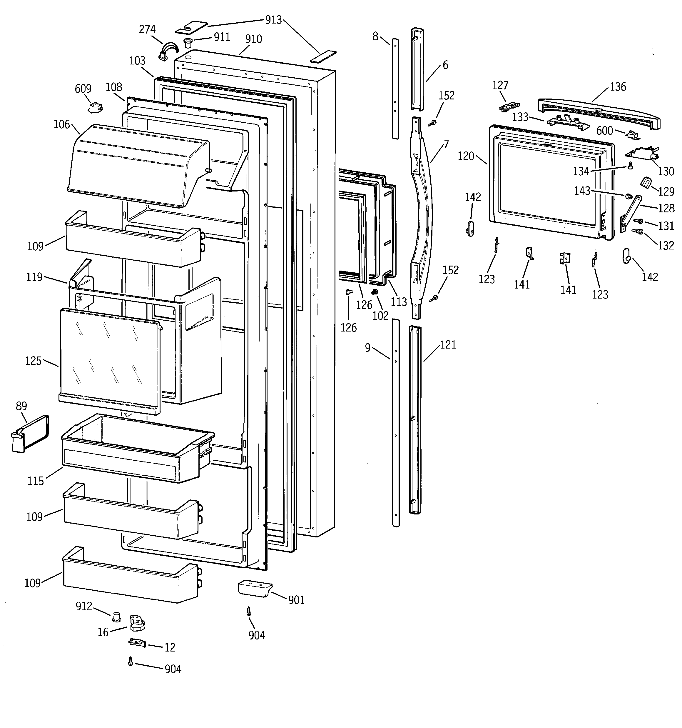 GE MSK28DHBEWW fresh food door diagram