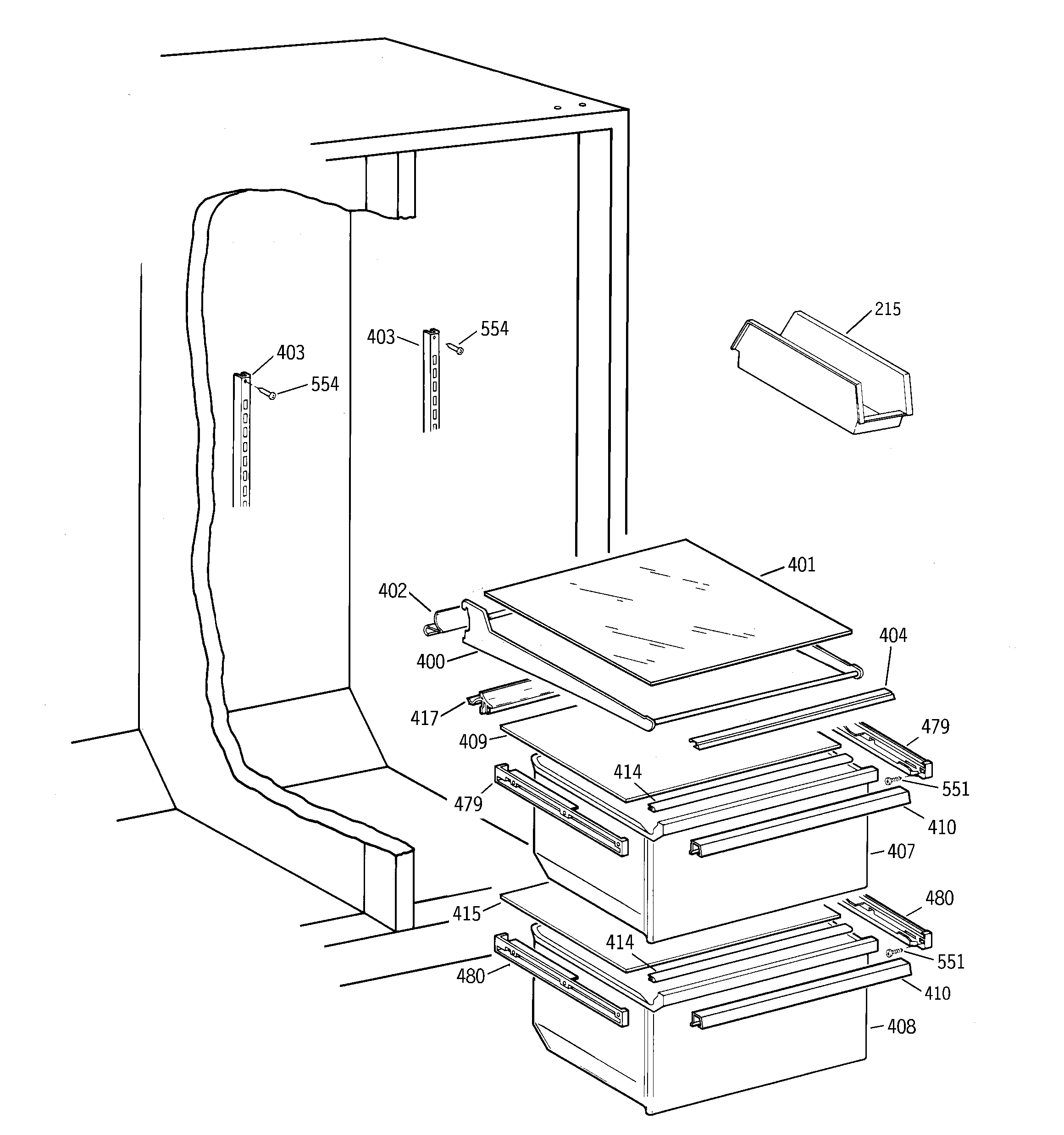GE MRSC20KWBGWH fresh food shelves diagram