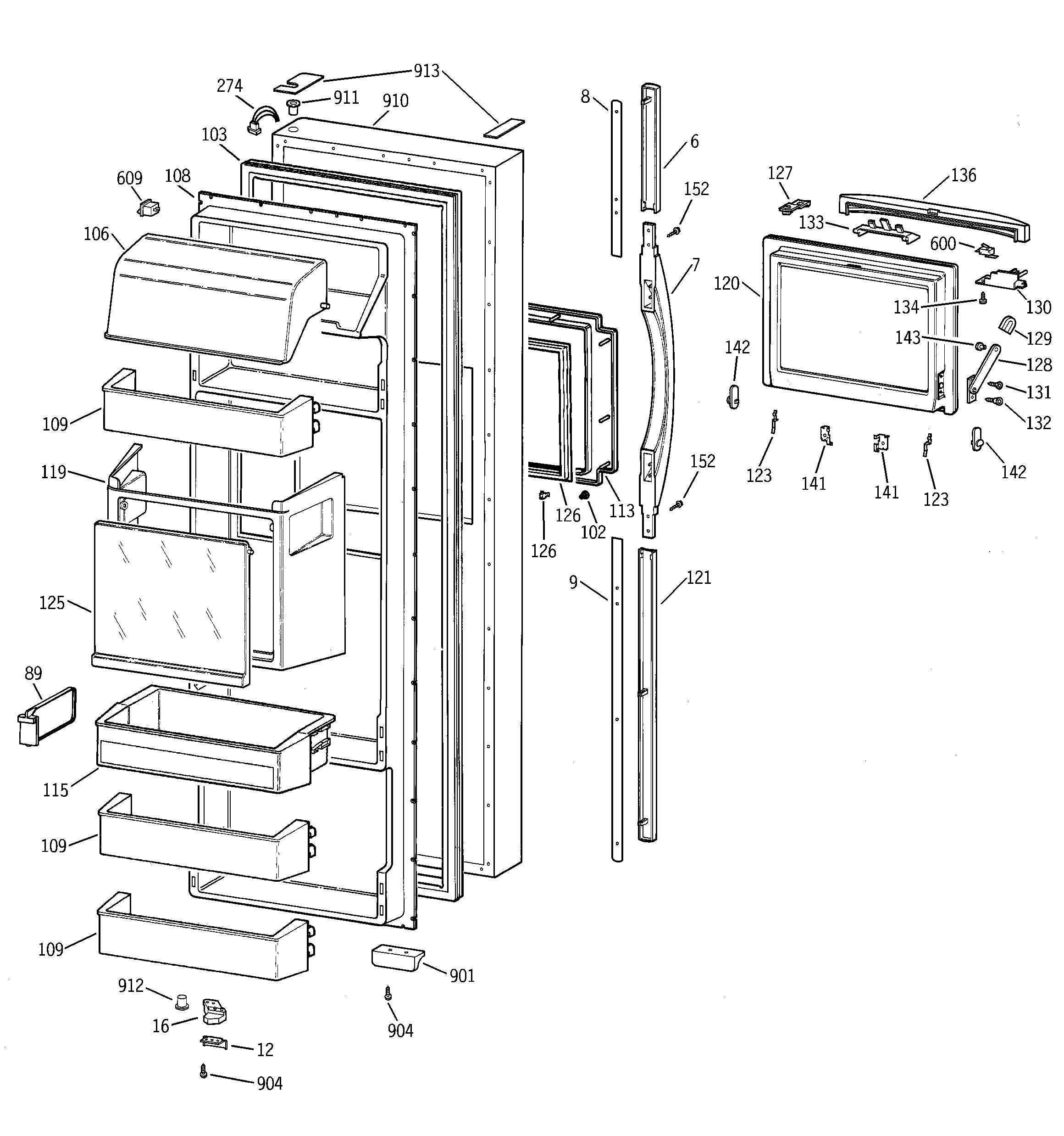 GE MSK28DHBGAA fresh food door diagram