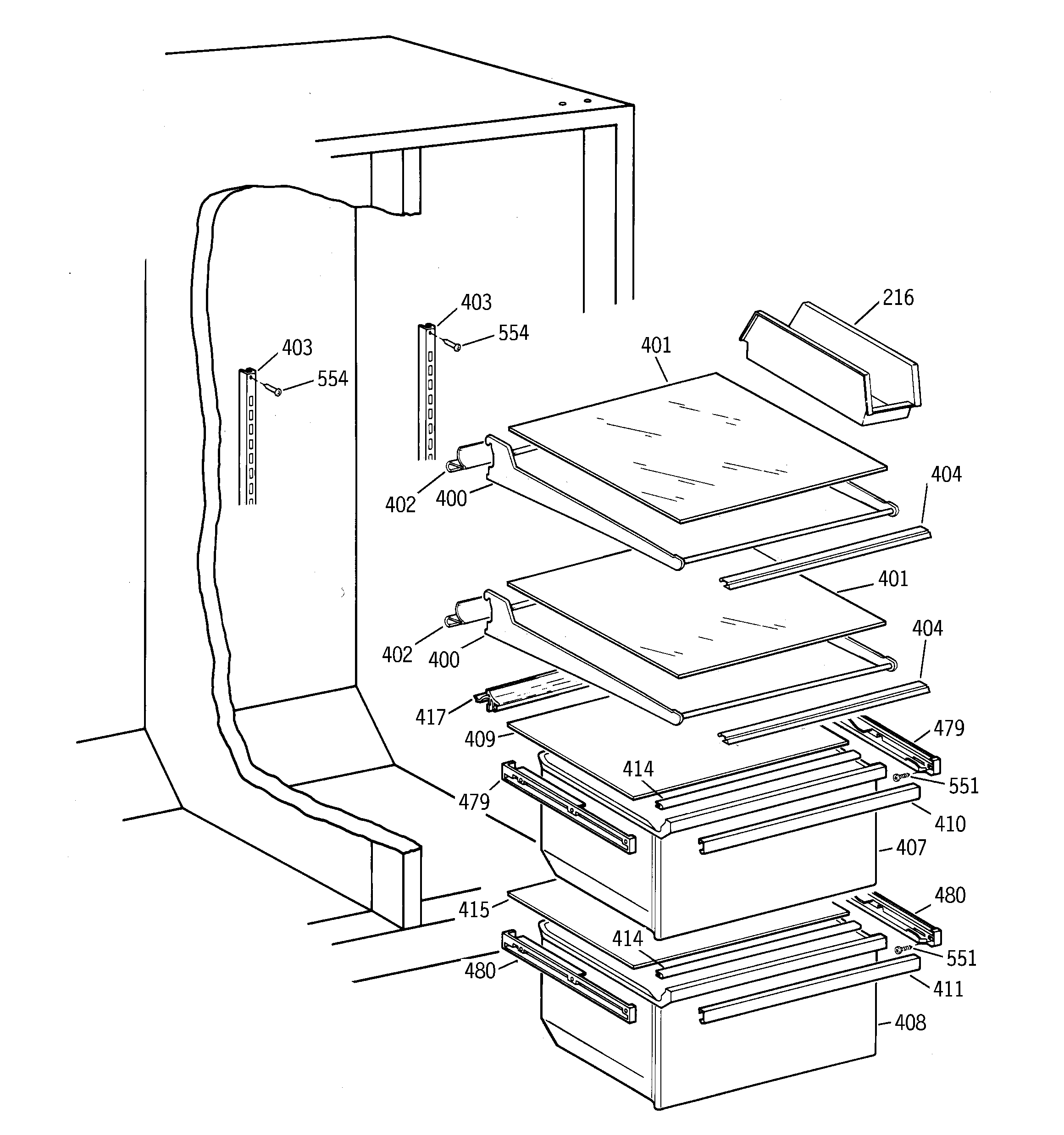 GE MST20GABKWW fresh food section diagram