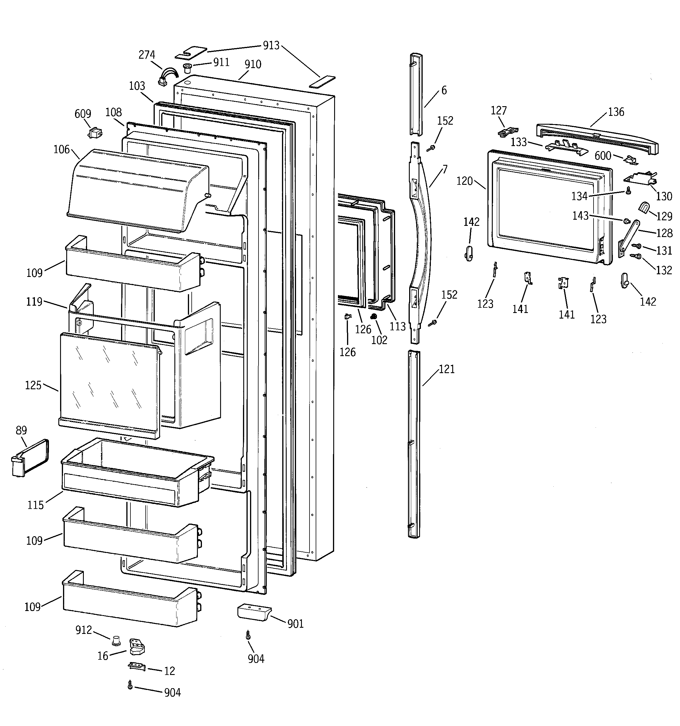 GE MSG28DHCGWW fresh food door diagram