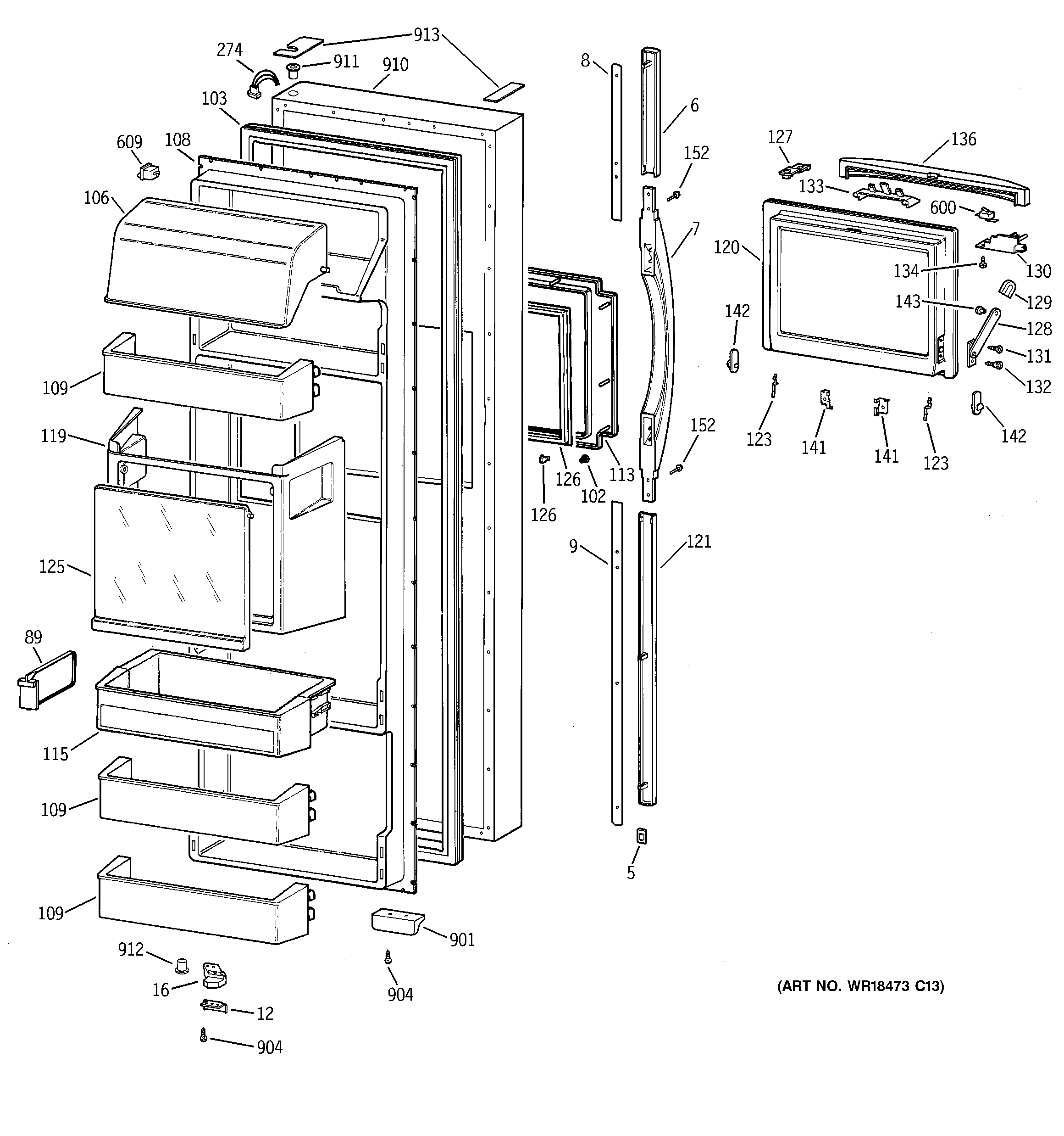 GE MSK28DHBHAA fresh food door diagram