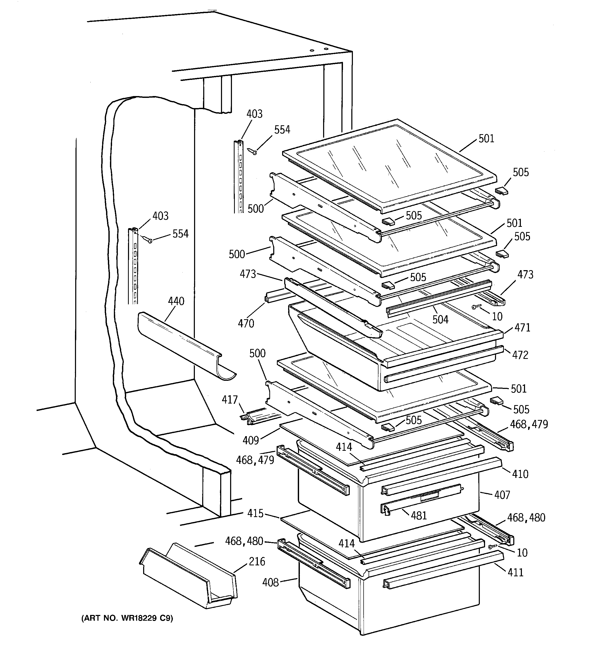 GE MSK30DHBHAA fresh food shelves diagram