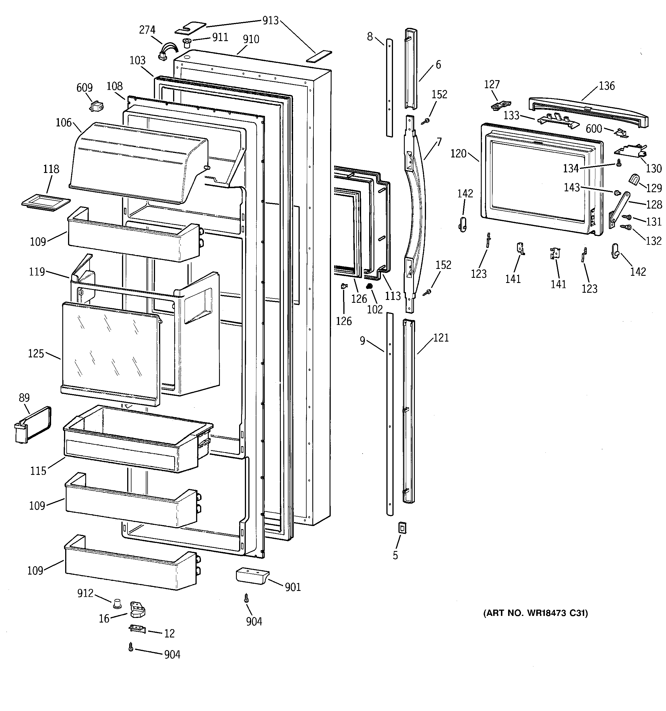 GE MSK28DHDBAA fresh food door diagram