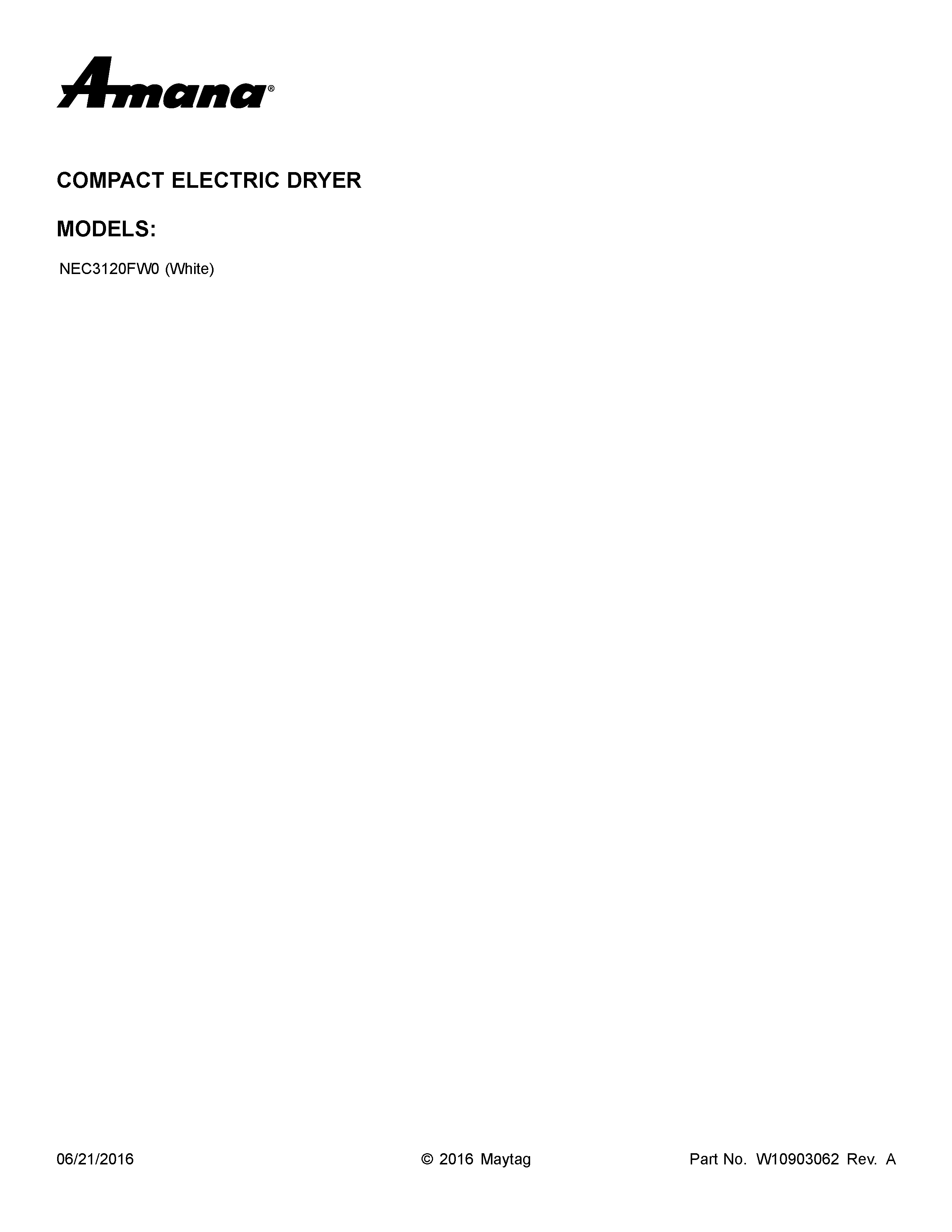 Amana NEC3120FW0 cover sheet diagram
