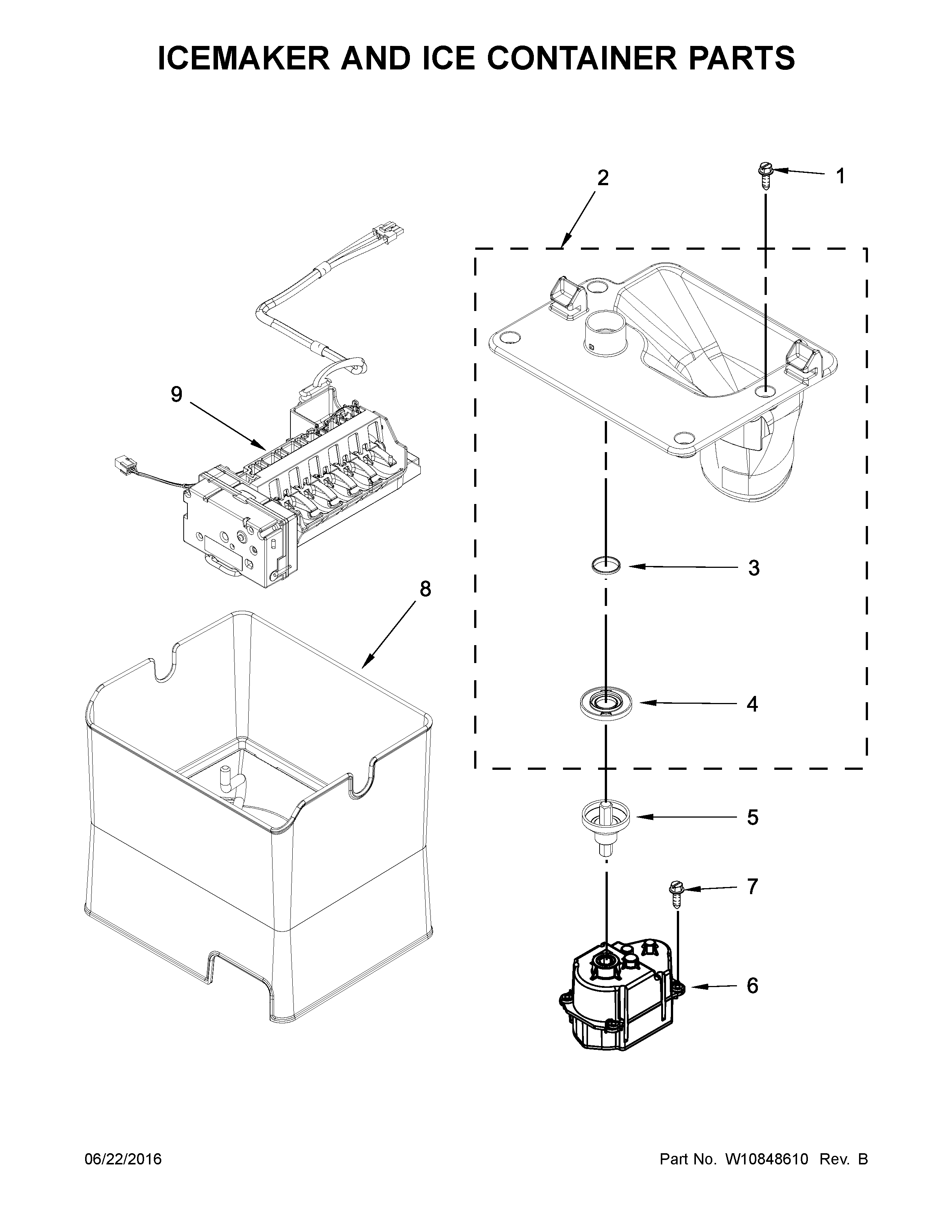 Whirlpool WRF757SDEE01 icemaker and ice container parts diagram