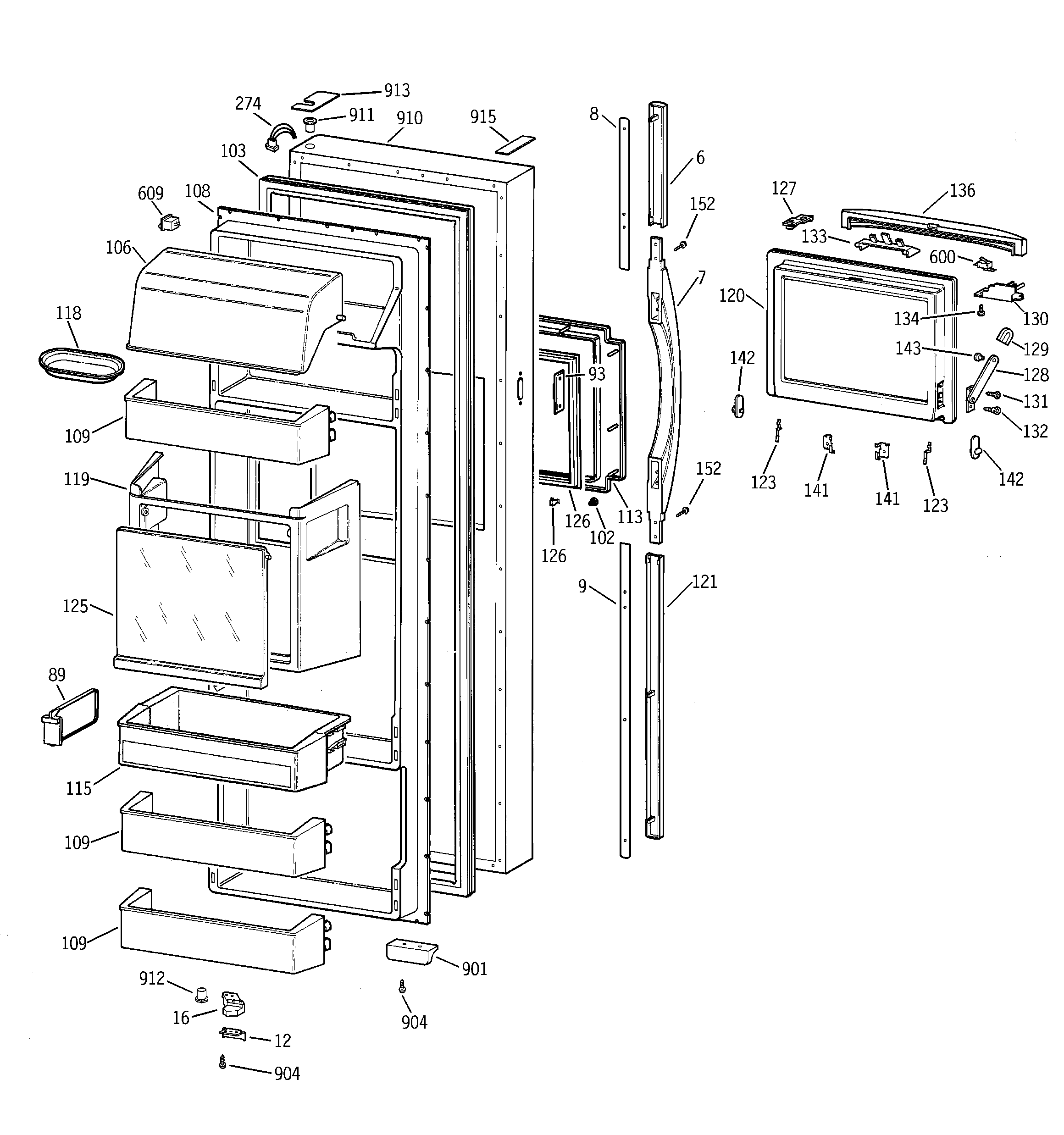 GE MSK28PFBAAA fresh food door diagram