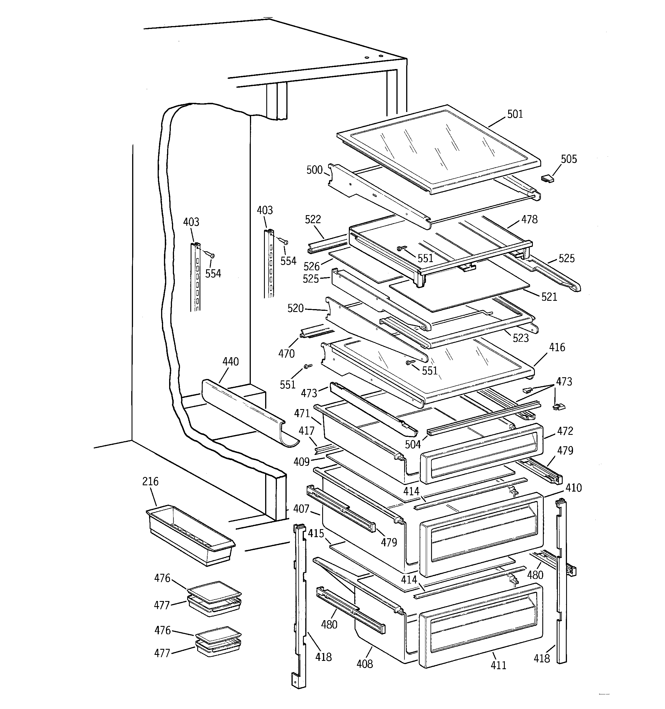 GE MSK28PFBAAA fresh food shelves diagram