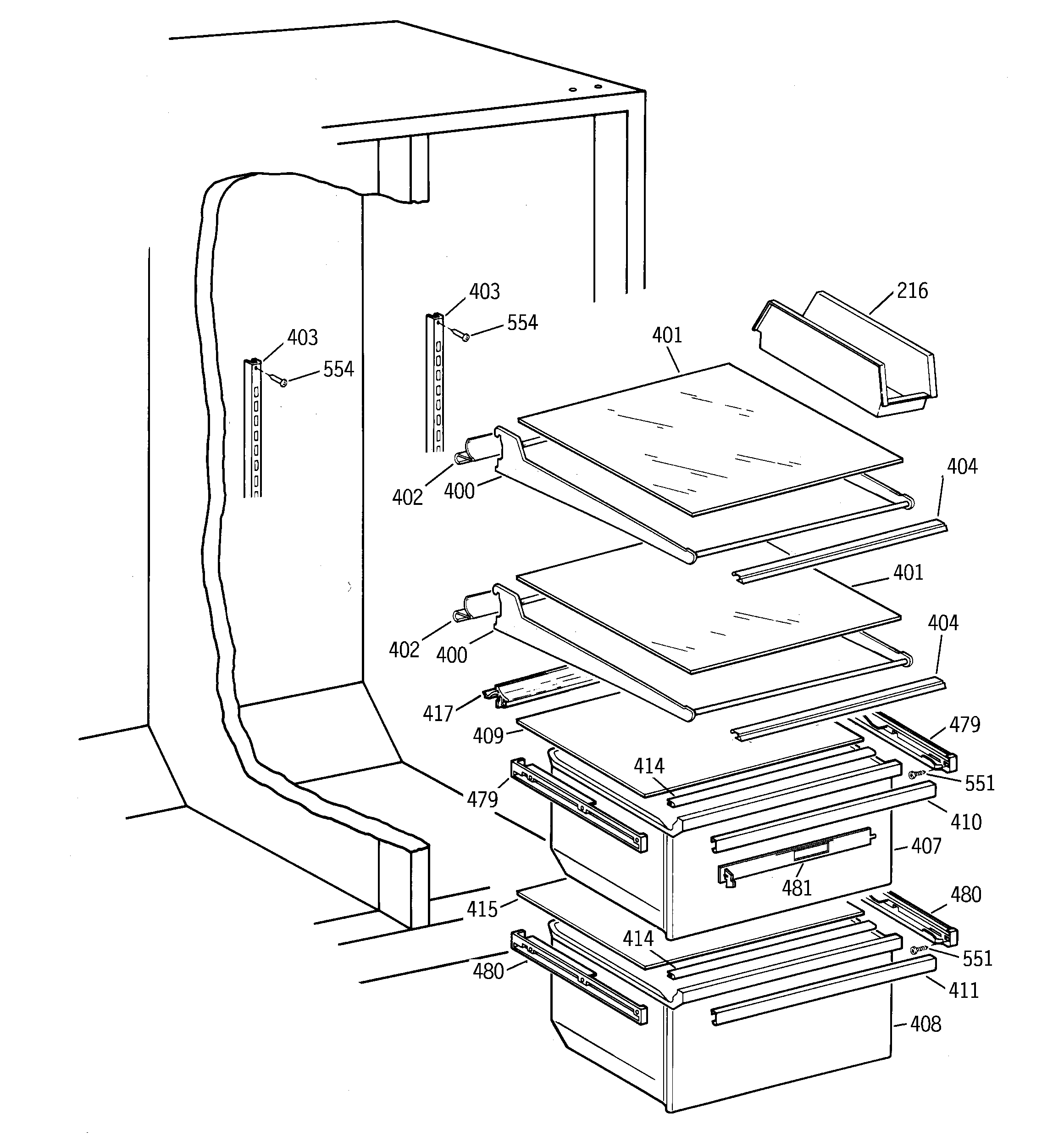 GE MST25GRBAWW fresh food section diagram