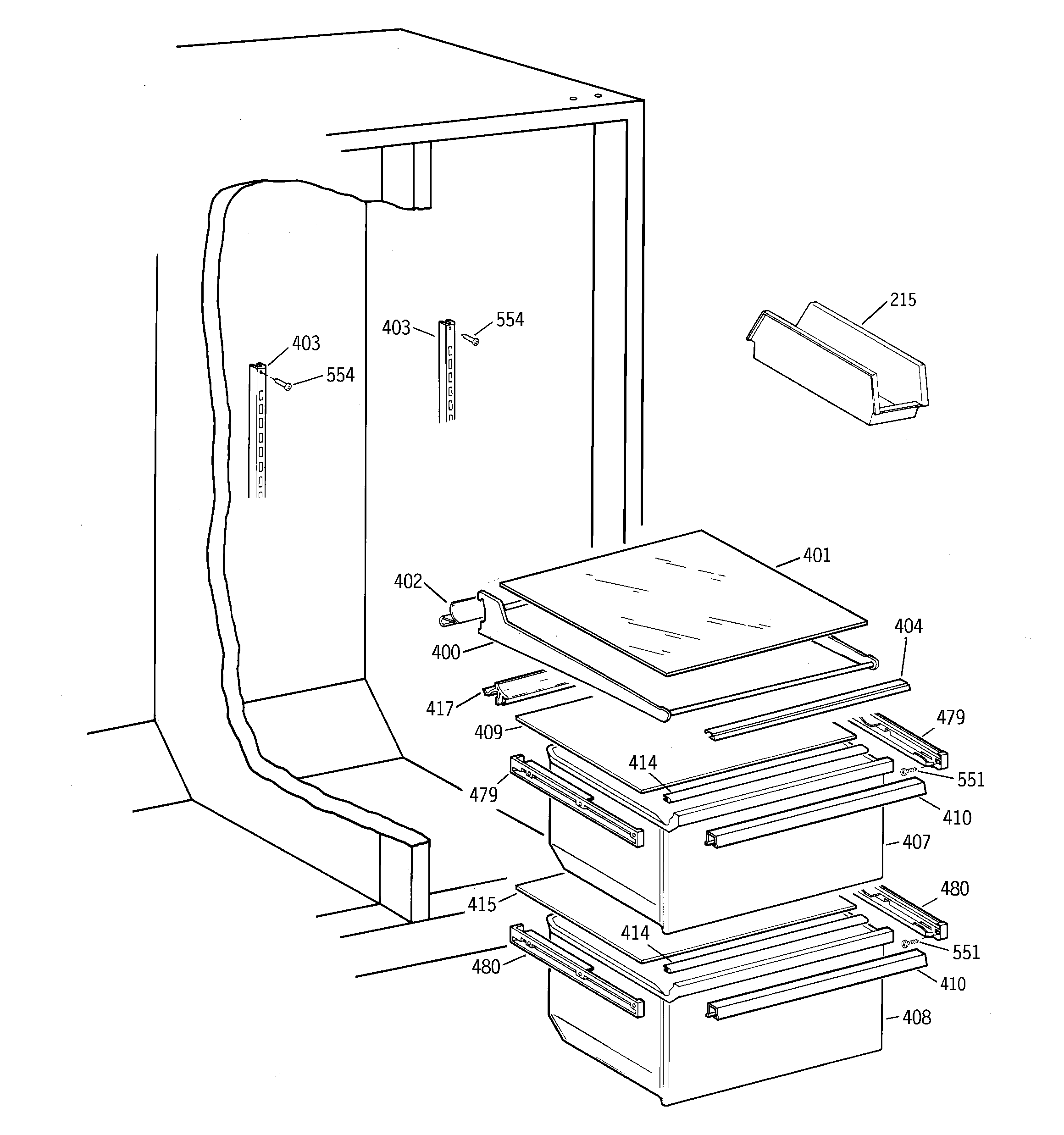 GE MRSC20KWBBAD fresh food shelves diagram