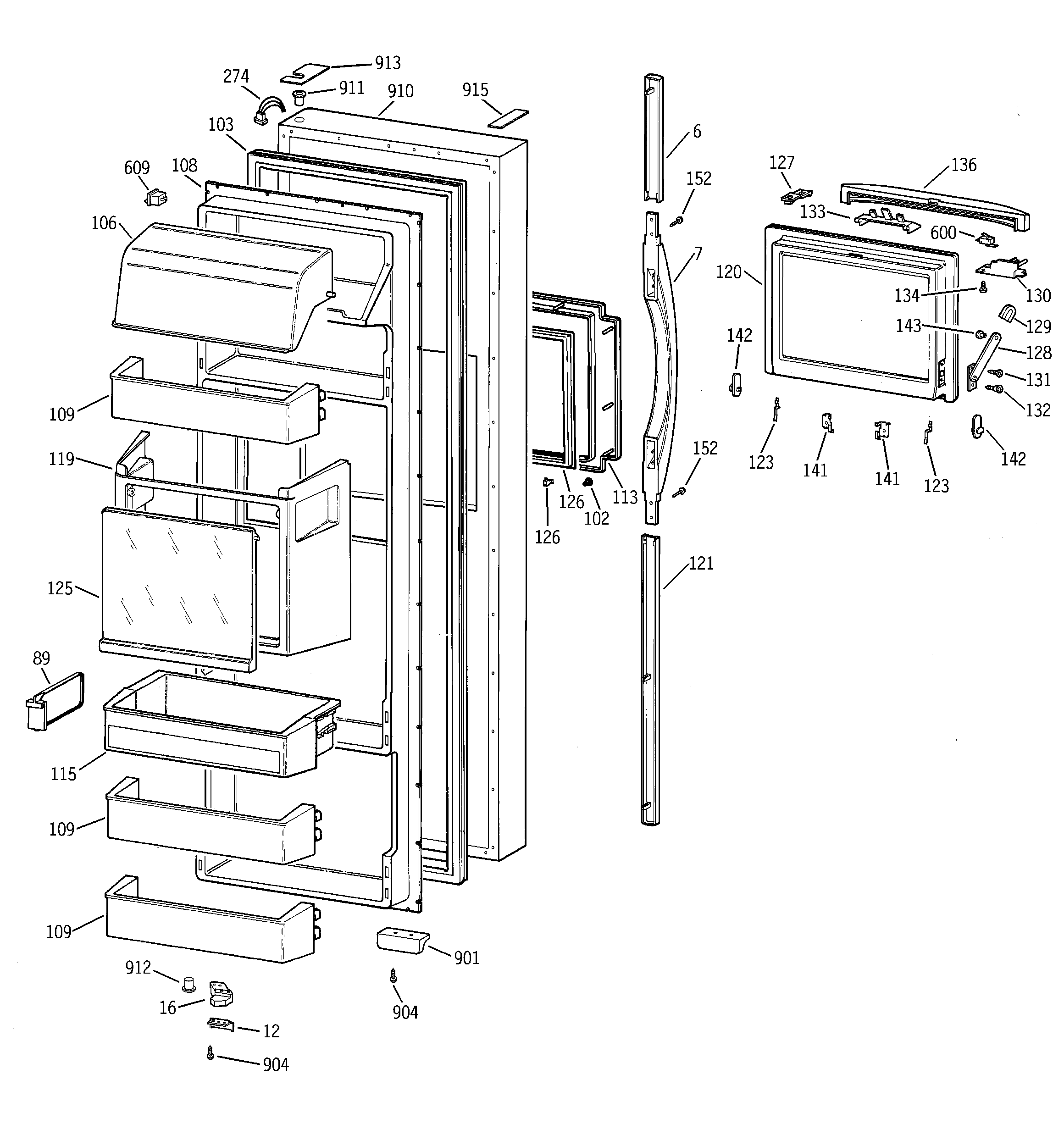 GE MSG28DHBBWW fresh food door diagram