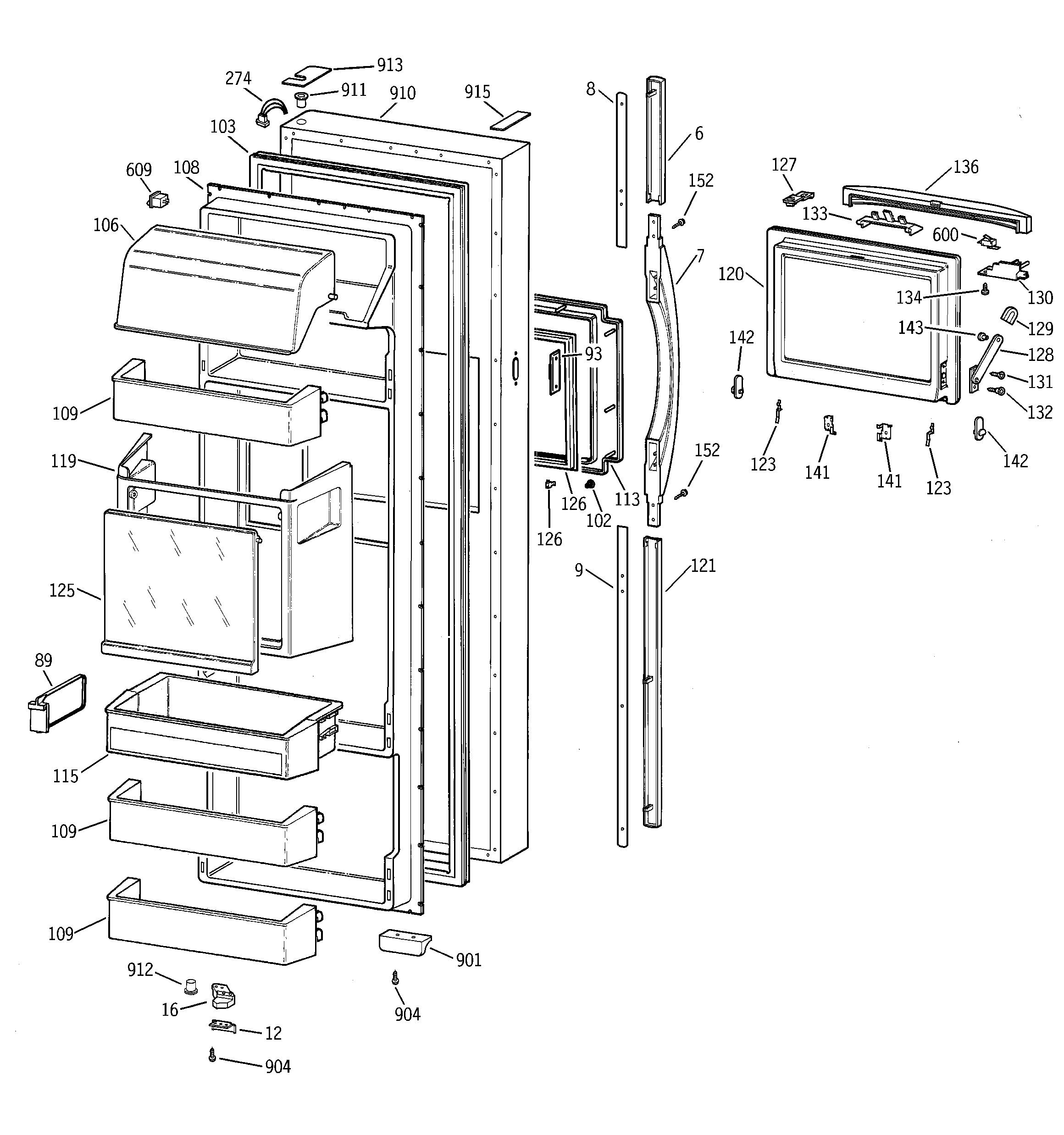 GE MSK28DHBBAA fresh food door diagram